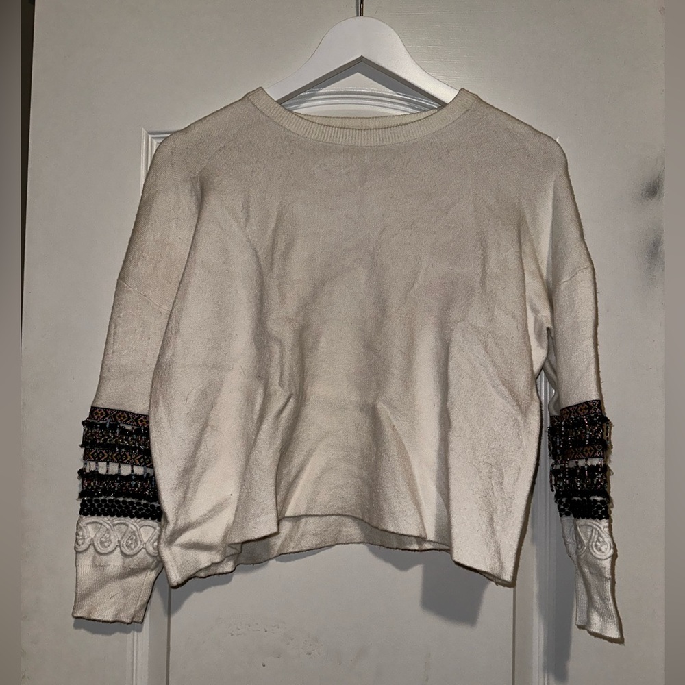 Beaded Sleeve Cream Textured Top – Boutique Quality Slightly Cropped Blouse